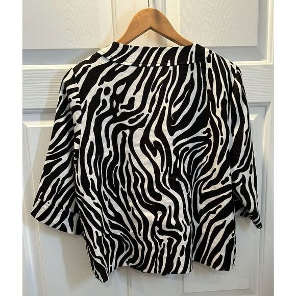 CAROLE LITTLE 100% Linen Jacket Womens Medium Blazer Zebra Print Black White - Picture 2 of 4